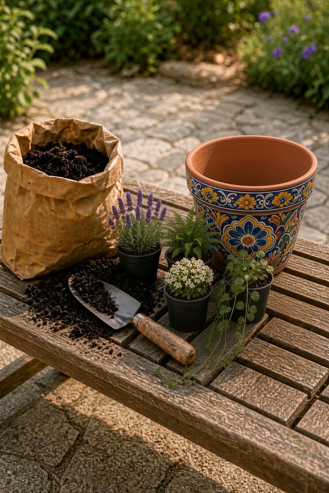 A burgundy planter of flowers on a potting bench with soil and garden tools